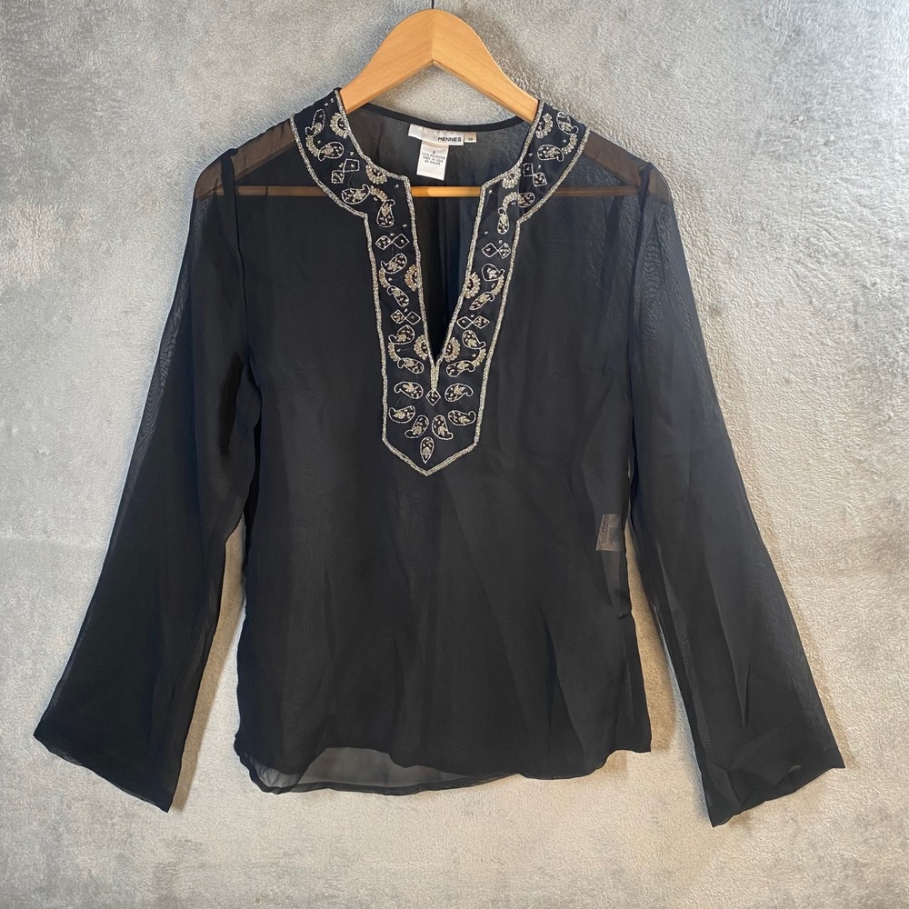 Hennes H&M Top Womens 6 Black Sheer Embroidered Bell Sleeve Y2k‎ Whimsigoth Boho